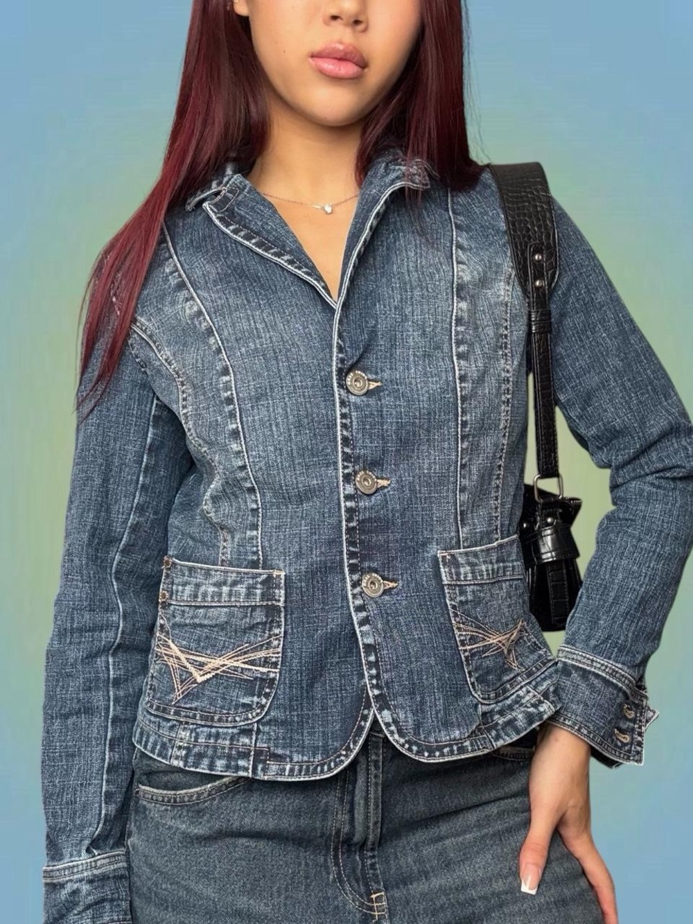 Point Zero Fitted Blue Denim Jacket with Contrast Stitching